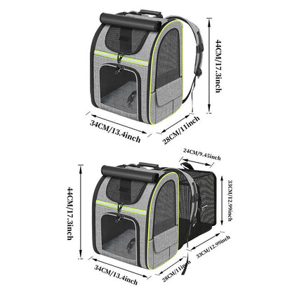 Grey and Green Large Expandable Cat Travel Backpack - Breathable & Collapsible Pet Carrier 62x34x43CM