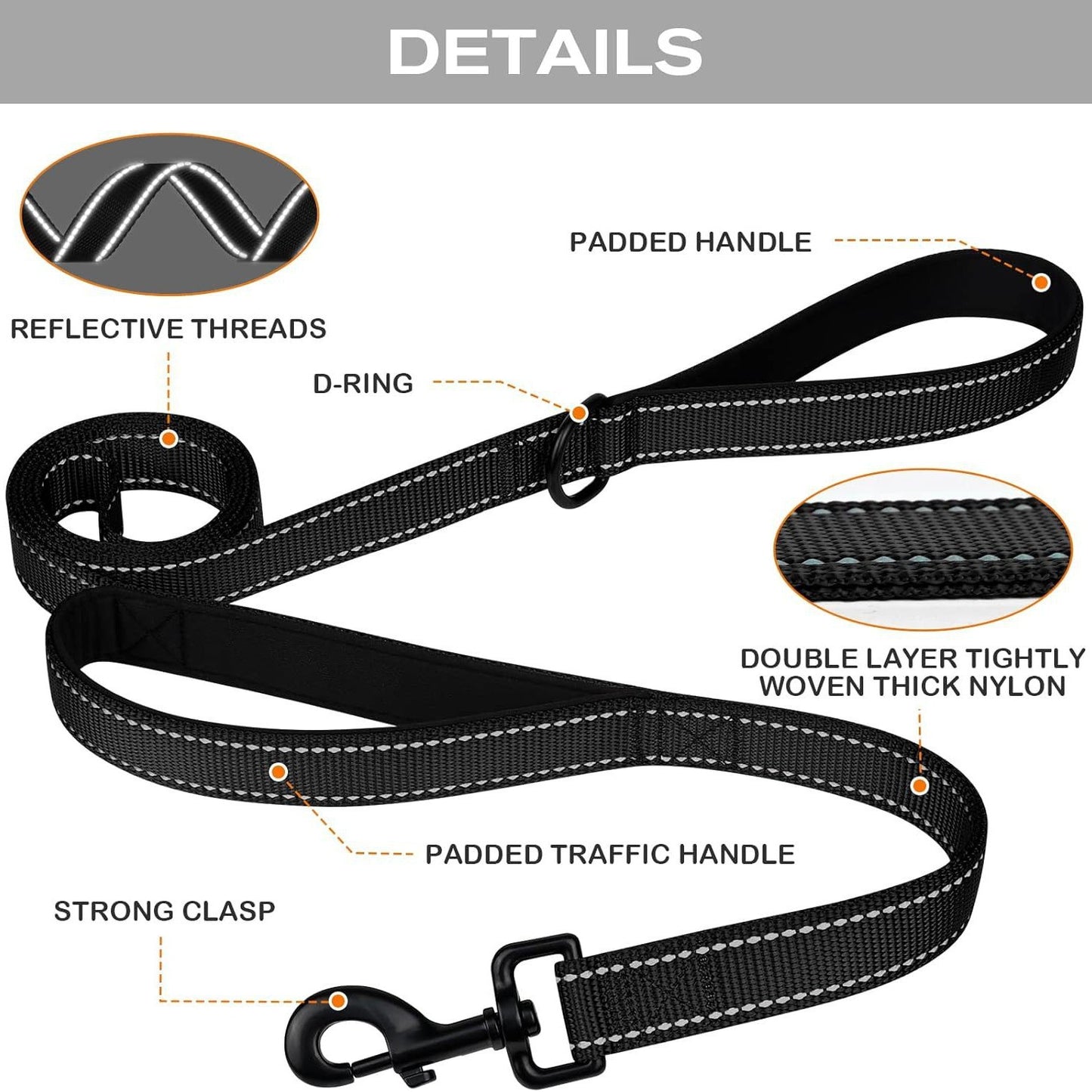 Heavy Duty Reflective Dog Leash 2.5m - Black