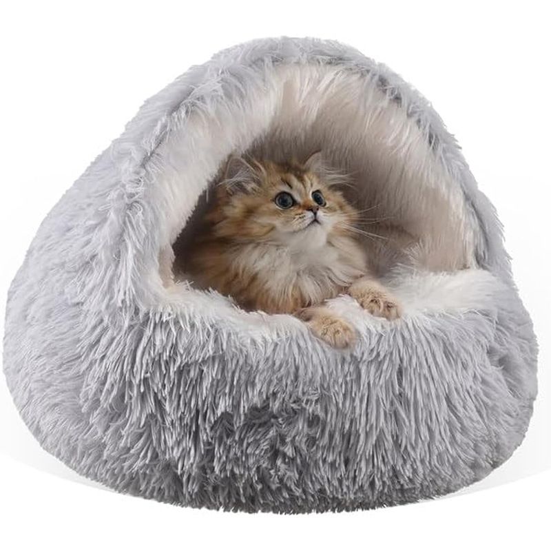 Grey Plush Donut Cat Bed – XL Semi-Enclosed Cave Bed for Cats & Dogs (60cm)