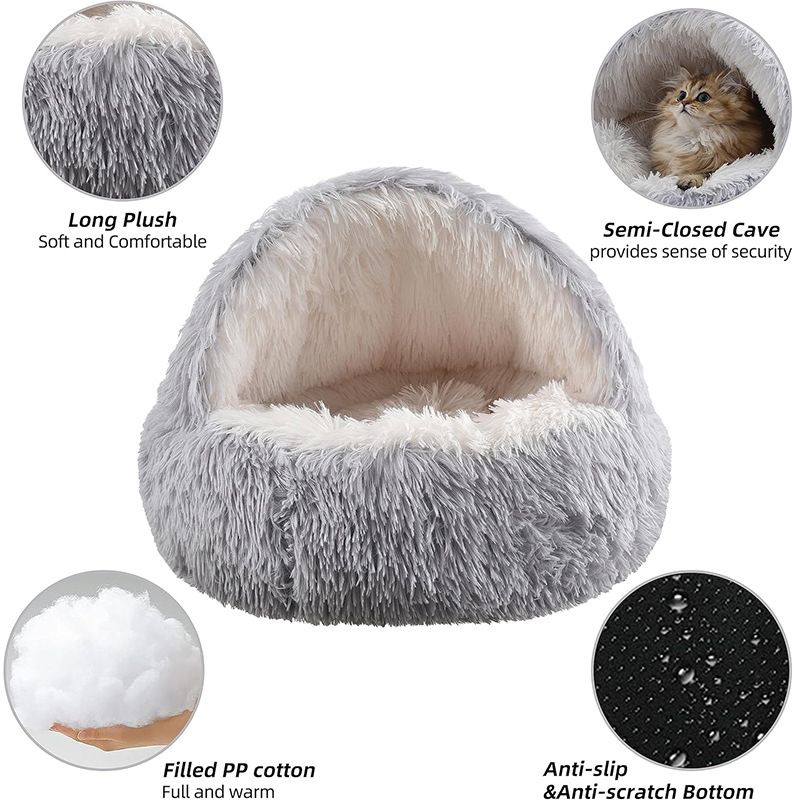 Grey Plush Donut Cat Bed – XL Semi-Enclosed Cave Bed for Cats & Dogs (60cm)