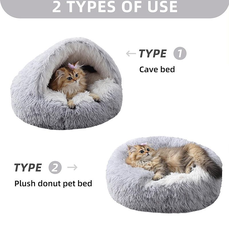 Grey Plush Donut Cat Bed – XL Semi-Enclosed Cave Bed for Cats & Dogs (60cm)
