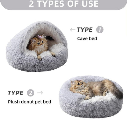 Grey Plush Donut Cat Bed – XL Semi-Enclosed Cave Bed for Cats & Dogs (60cm)