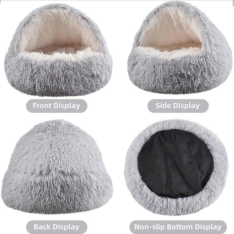 Grey Plush Donut Cat Bed – XL Semi-Enclosed Cave Bed for Cats & Dogs (60cm)