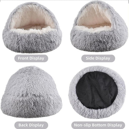 Grey Plush Donut Cat Bed – XL Semi-Enclosed Cave Bed for Cats & Dogs (60cm)